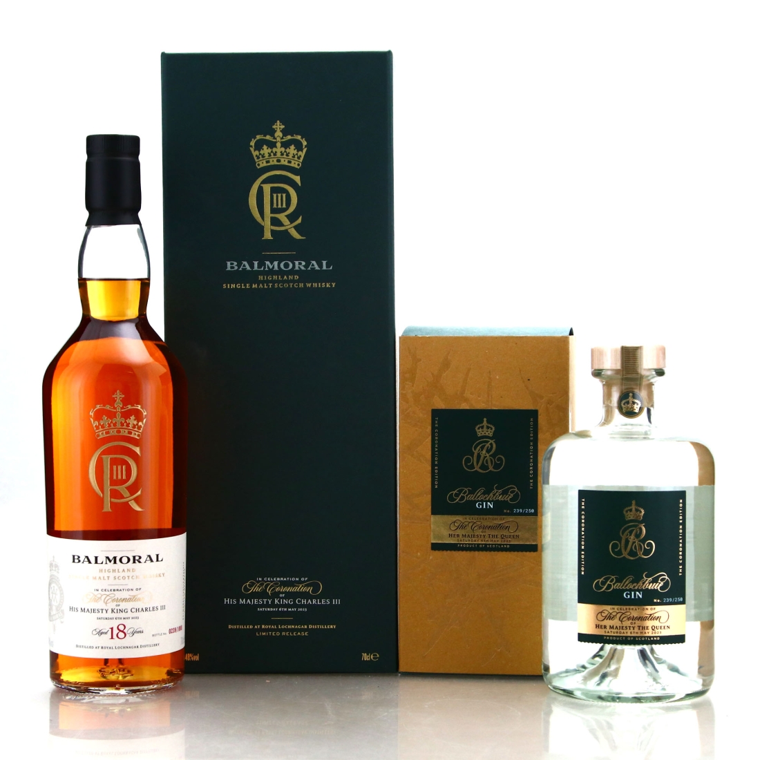 Royal Lochnagar 18 Year Old Balmoral & Ballochuie Gin 2 x 70cl / The Coronation 2023