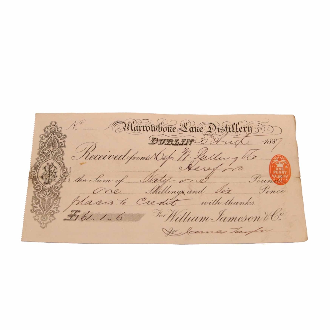 Marrowbone Lane Distillery 1887 Jameson Dublin Sales Receipt