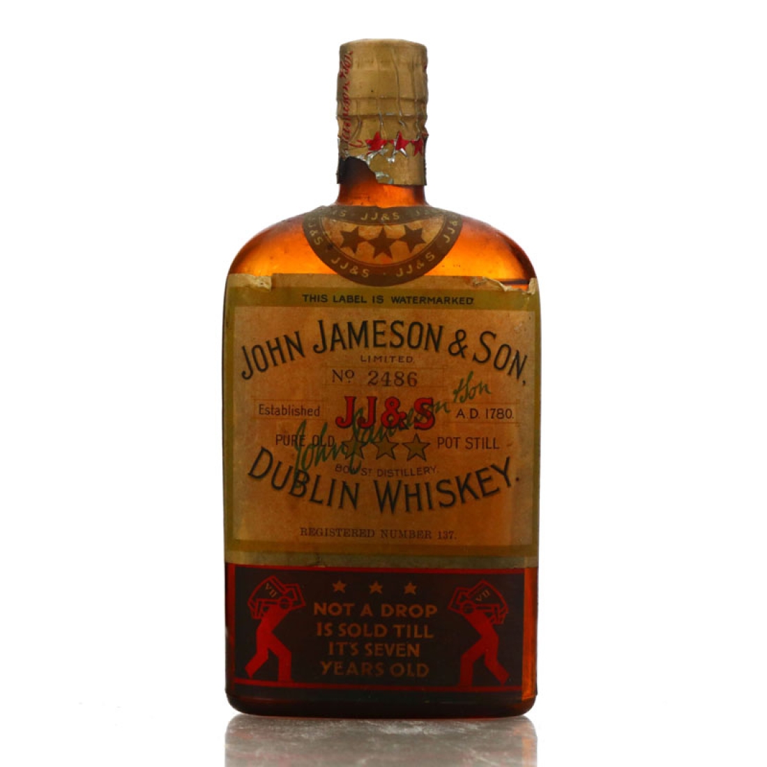 John Jameson and Son 3 Star 7 Year Old circa 1930s Half Bottle / UK Export