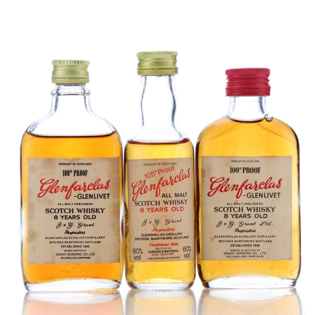 Glenfarclas 8 Year Old 100 & 105 Proof Miniatures x 3 1970s
