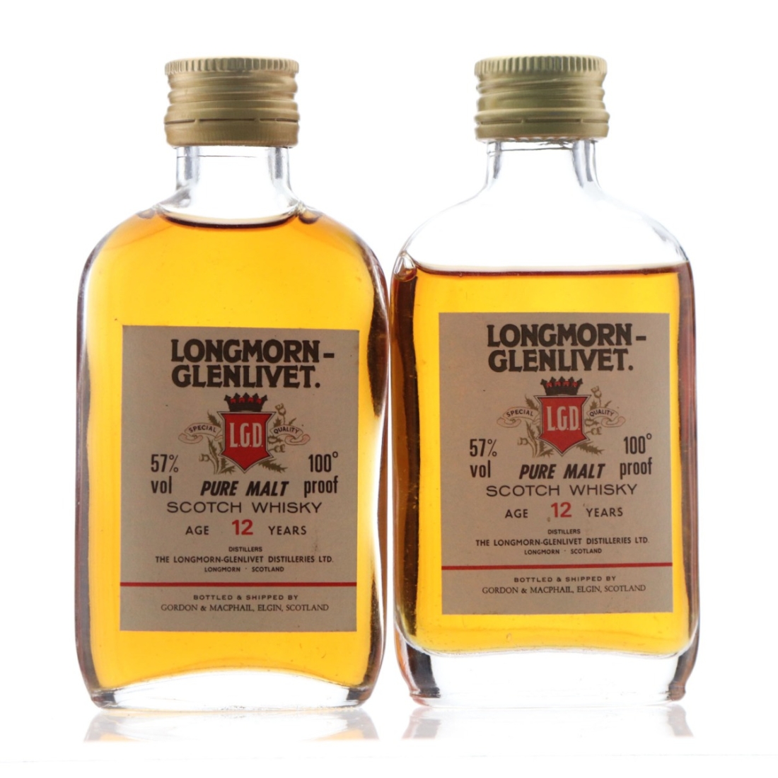 Longmorn 12 Year Old Gordon and MacPhail 100 Proof Miniature x 2 1980s