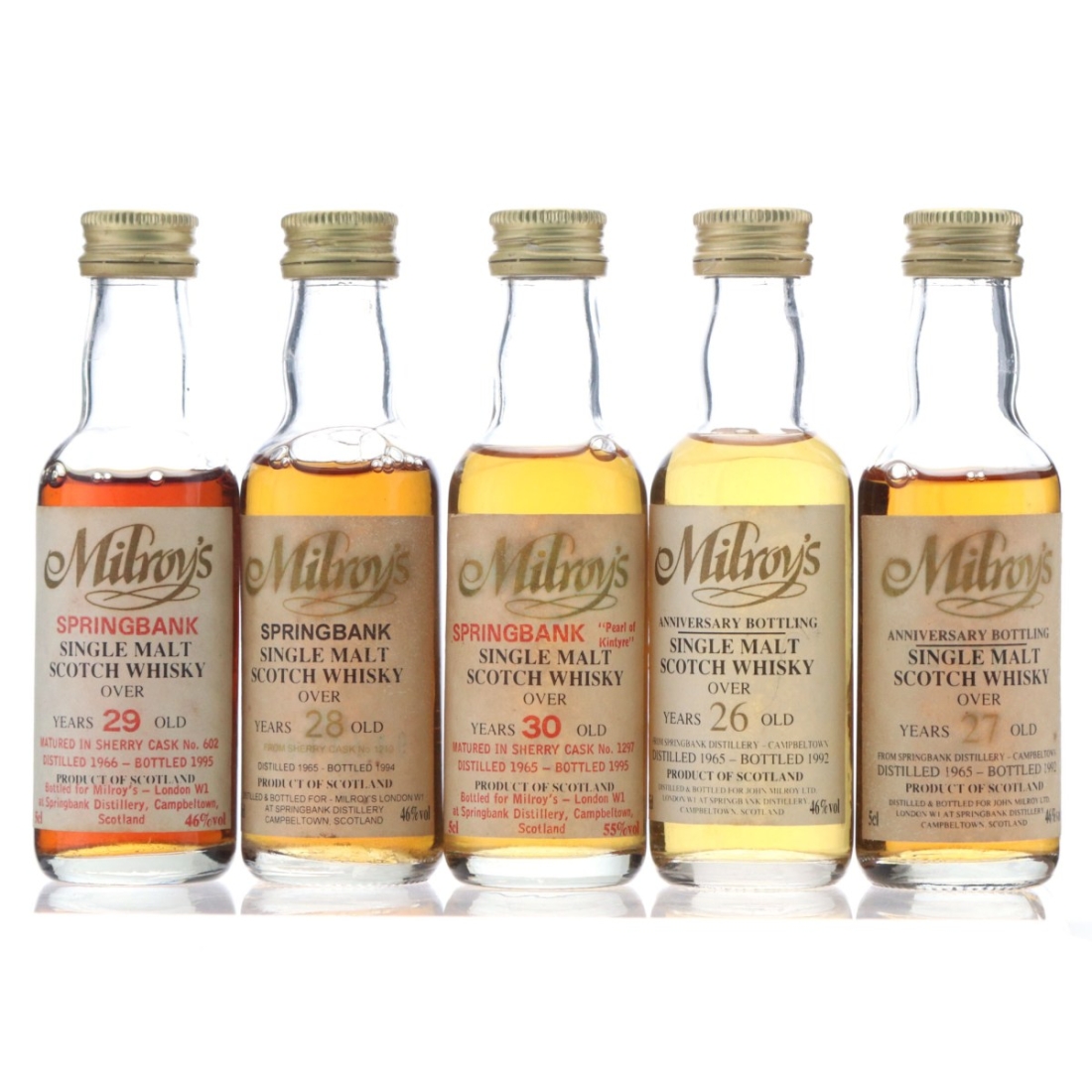 Springbank 1965 & 1966 Milroy's Miniatures 5 x 5cl