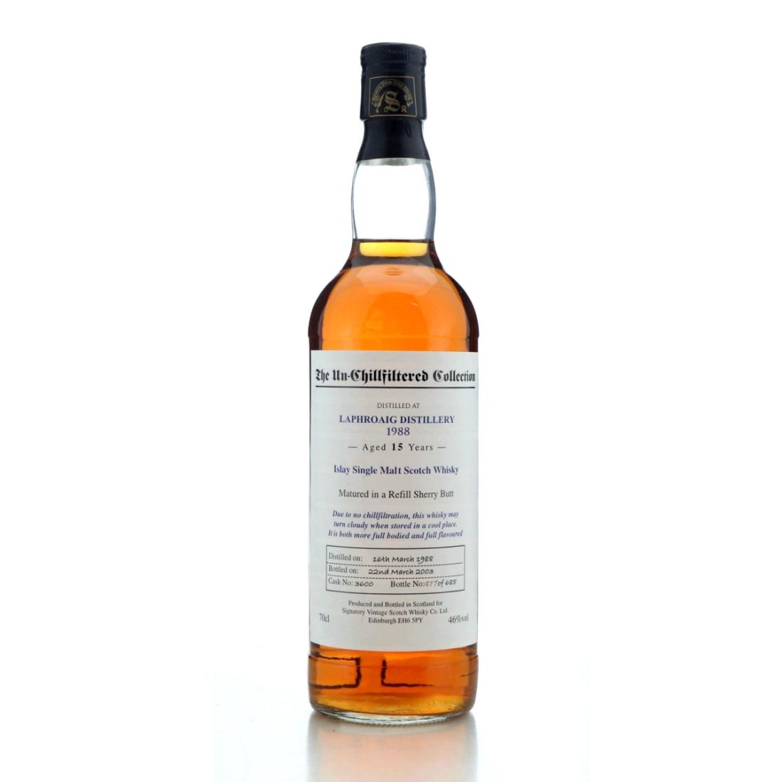 Laphroaig The Un-Chillfiltered Collection 15 Year Old, Sherry Cask, Cask #3600, 1988, Signatory Vintage, 46% whisky bottle