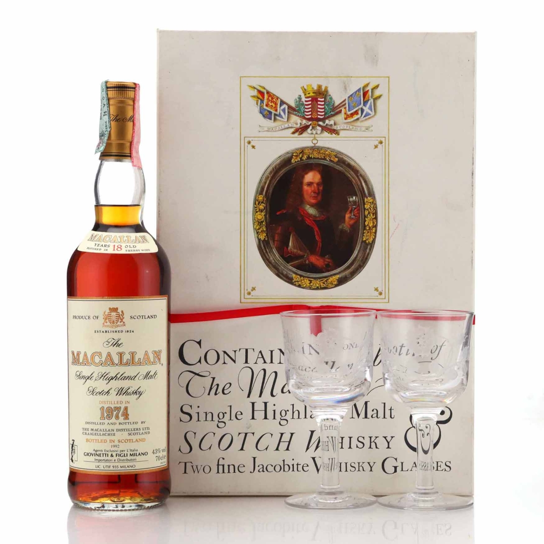 Macallan 1974 18 Year Old / Giovinetti Import - with 2 x Jacobite Glasses