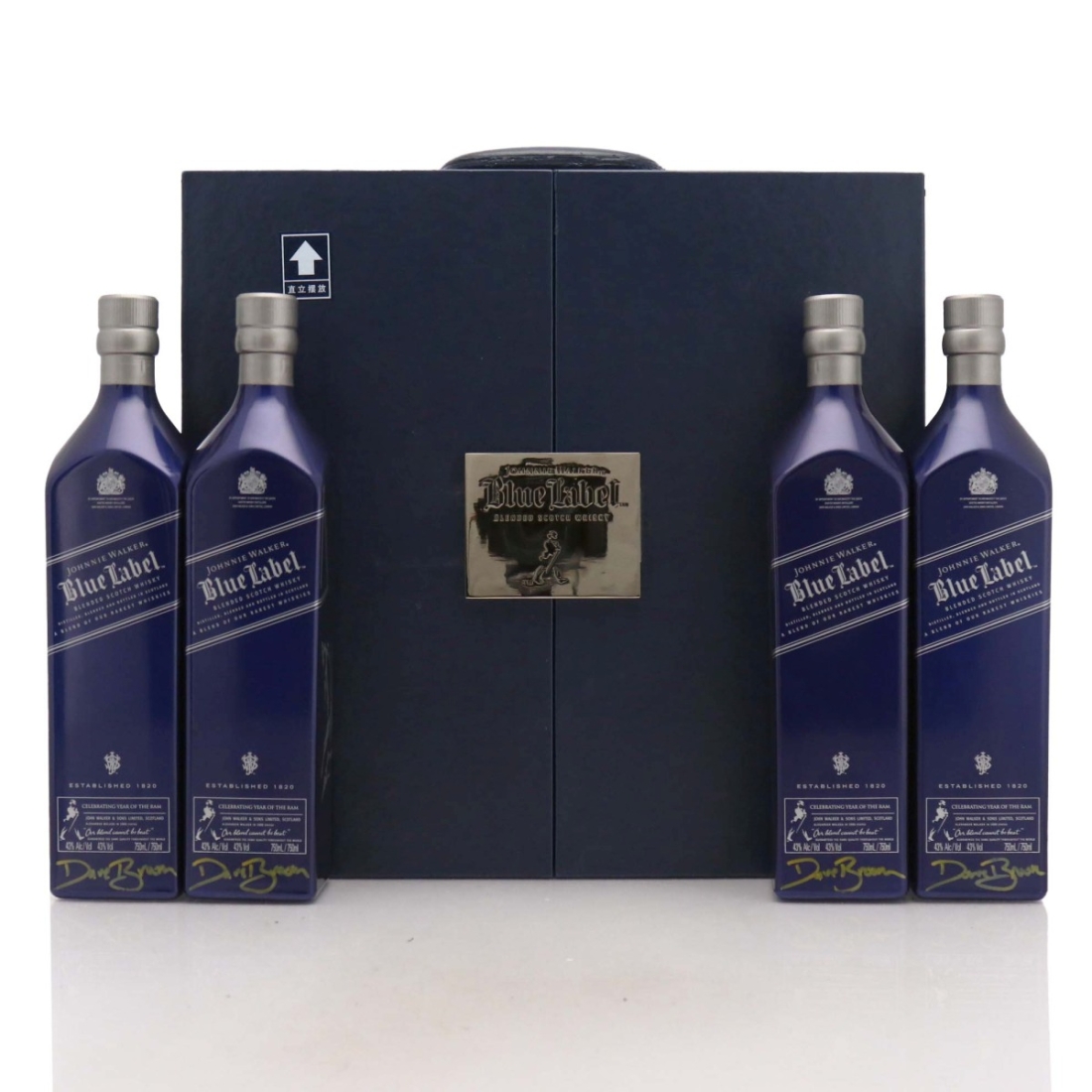 Johnnie Walker Blue Label Year of the Ram 4 x 75cl / with Suitcase and Display Stand - Signed
