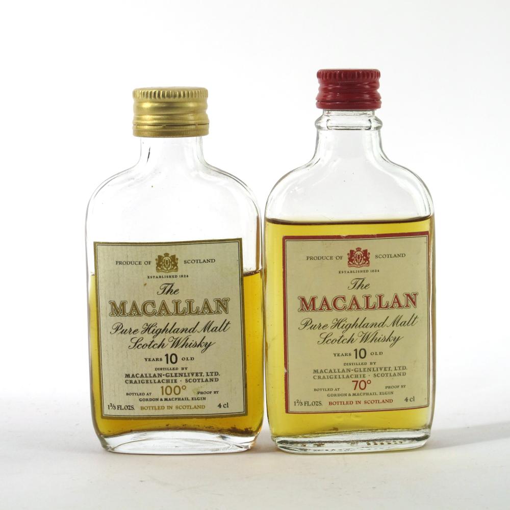 Macallan 10 Year Old 70 and 100 Proof Miniatures 2 x 4cl