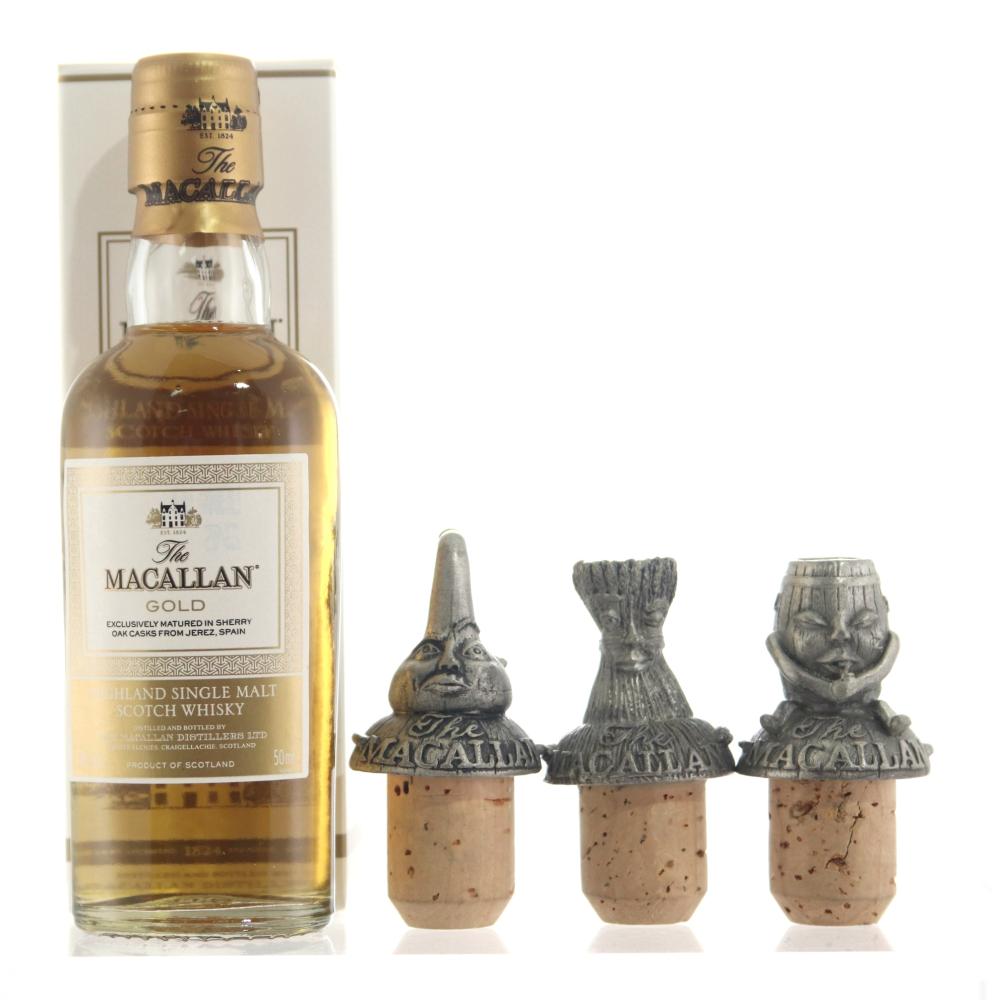 Macallan Pewter Stoppers x 3 & Gold Miniature 5cl