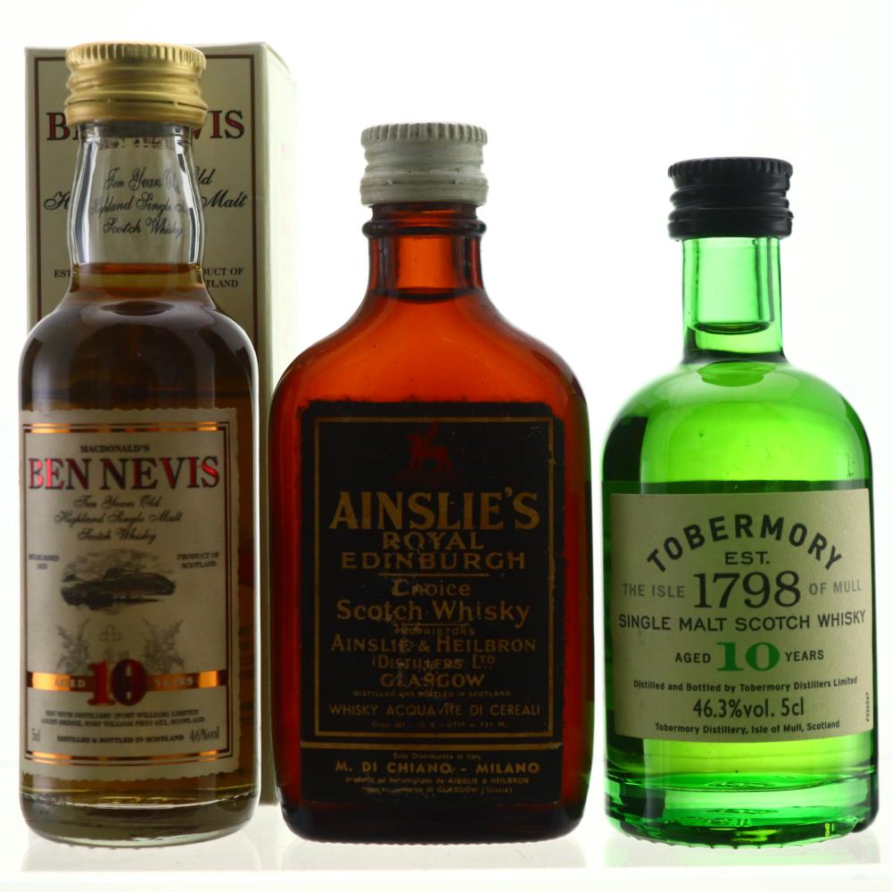 Single Malt Whisky Miniatures x 3 / Including Ainslie's Royal