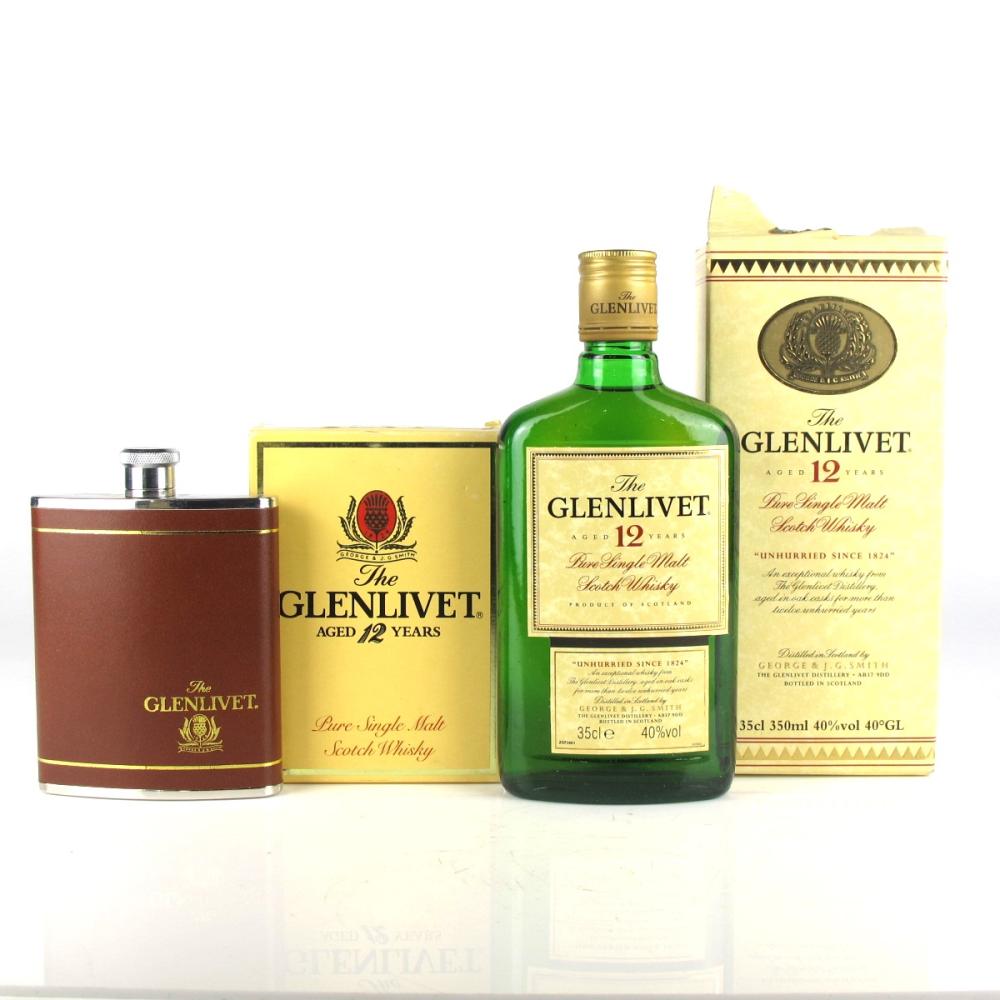 Glenlivet 12 Year Old 35cl and Matching Hip Flask Circa 1990s