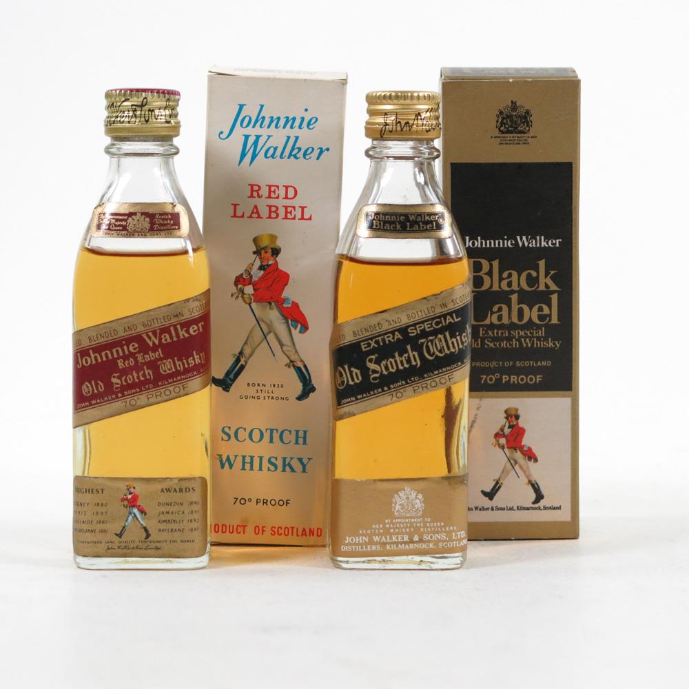 Johnnie Walker Red and Black Label 1970s Miniatures 2 x 1 2/3 Fl Oz