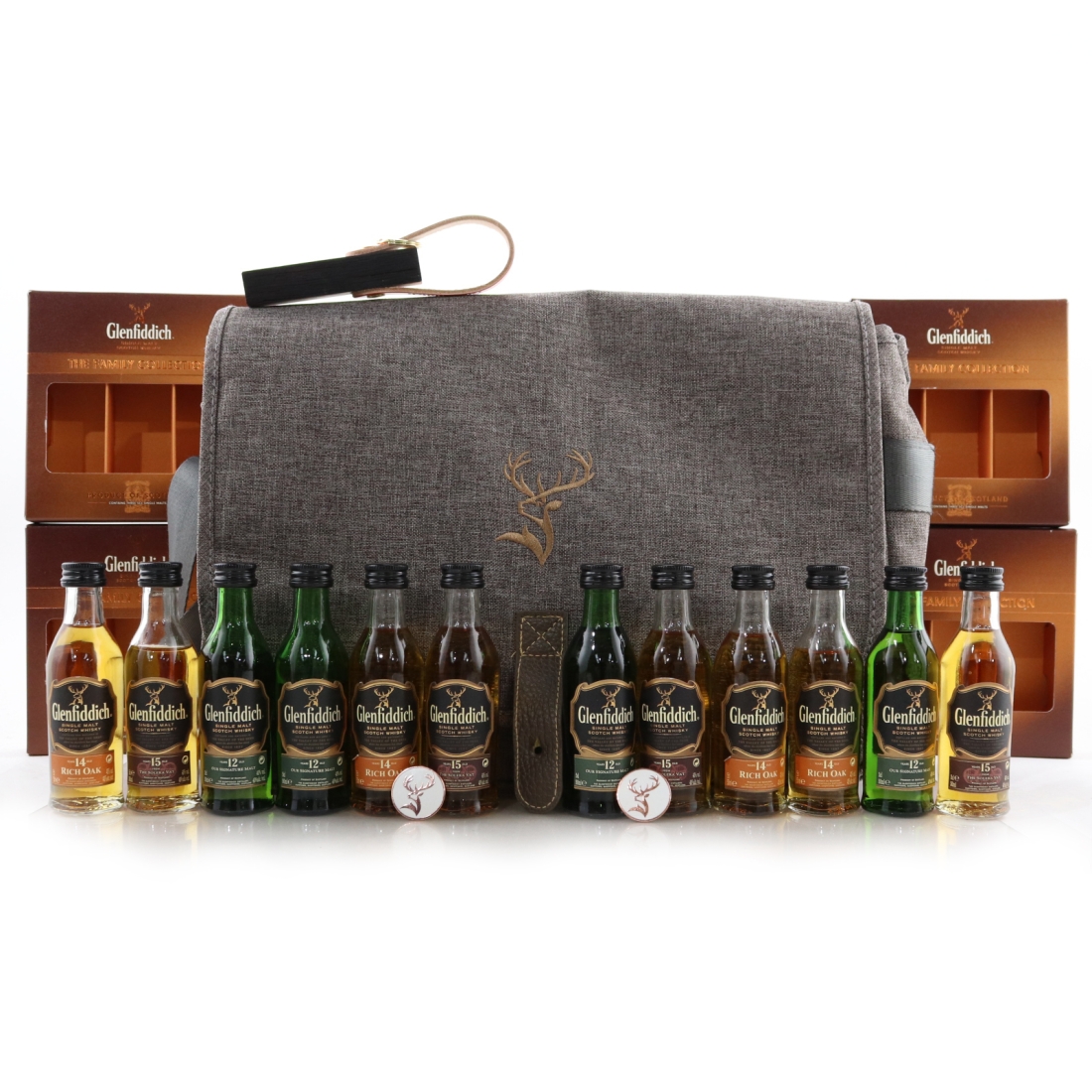 Glenfiddich Family Collection Miniature Packs x 4 / with Caskwood Stave & Messenger Bag