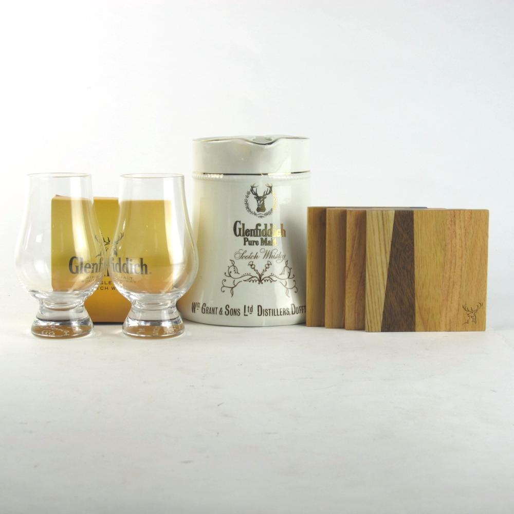 Glenfiddich Jug and Wooden Coasters with 2 x Unbranded Nosing Glasses