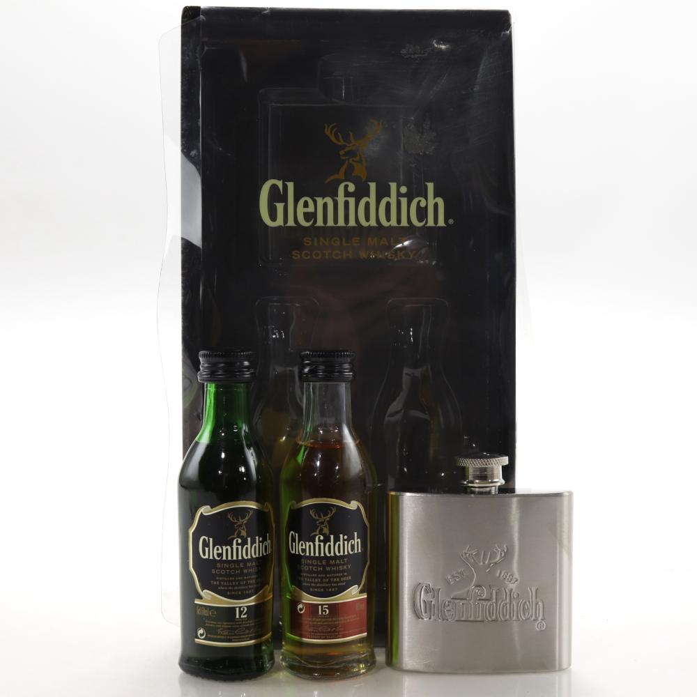 Glenfiddich 12 & 15 Year Old Miniature 2 x 5cl / with Miniature Hip Flask