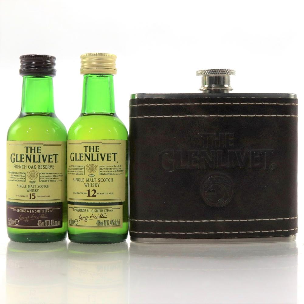 Glenlivet 12 & 15 Year Old Miniature 2 x 5cl / with Miniature Hip Flask