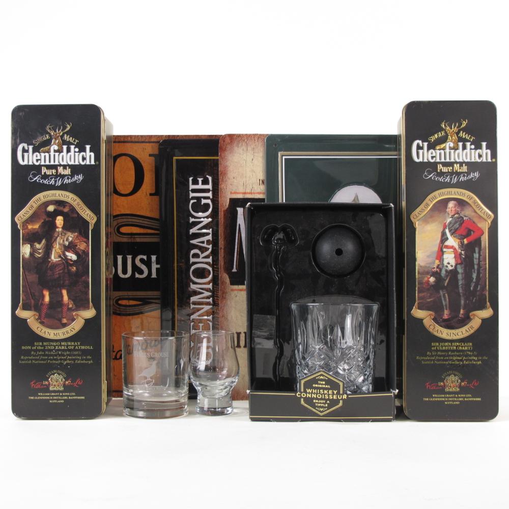 Whisky Memorabilia Selection / Including Metal Advertising Plinths, 2 Glasses, and 2 x Glenfiddich TIns