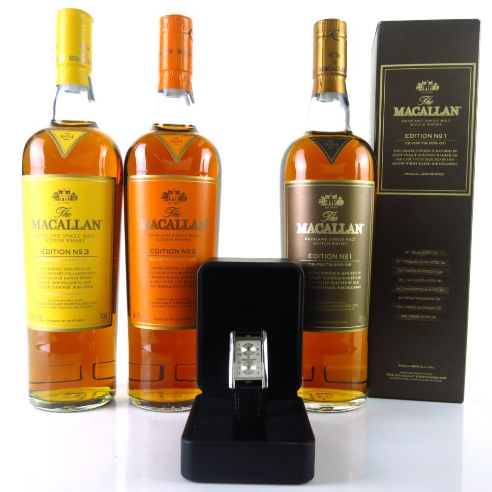 Macallan Edition No. 1, 2, 3 Collection 3 x 70cl / Including Macallan Dual Dial Watch
