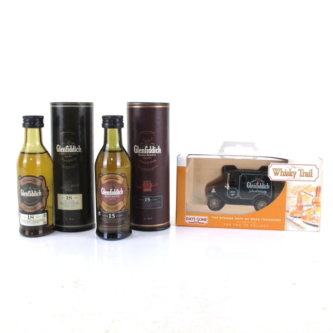 Glenfiddich 15 and 18 Year Old 2 x 5cl Miniature and Toy Car