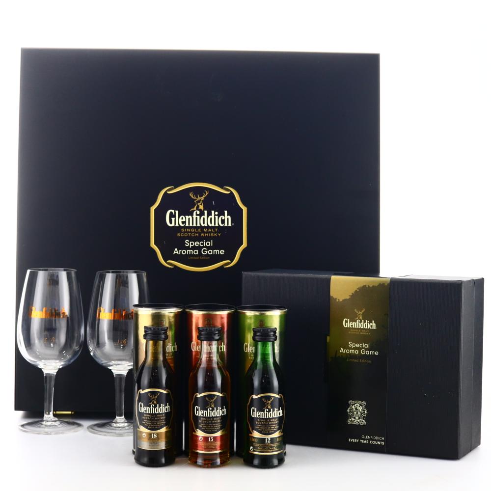 Glenfiddich Miniature x 3 with 2 glasses and Aroma Game