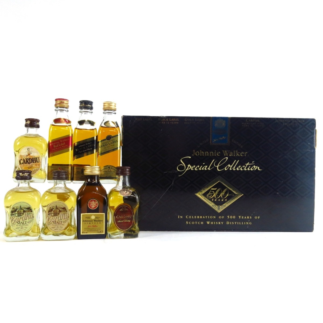 Johnnie Walker Special Collection 500 Years Miniatures 5 x 5cl / with Cardhu 12 year Old 3 x 5cl