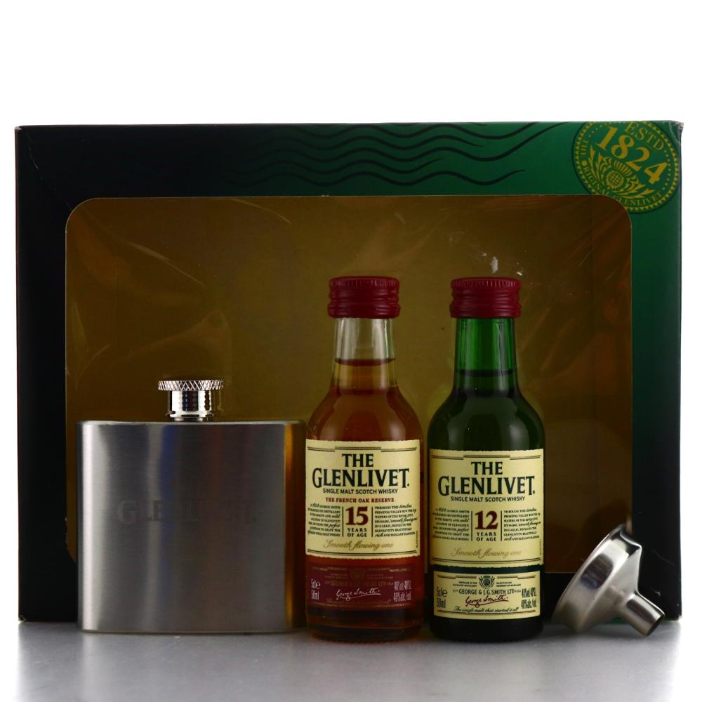 Glenlivet 12 & 15 Year Old Miniatures x 2 / with Miniature Hip Flask
