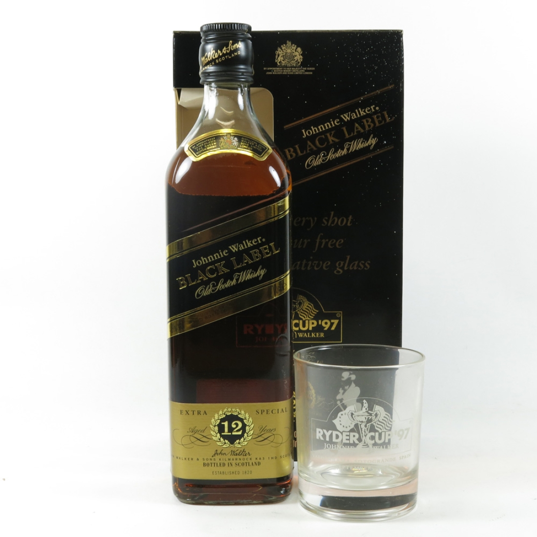 Johnnie Walker Black Label Ryder Cup 1997 and 6 Glasses / Poster