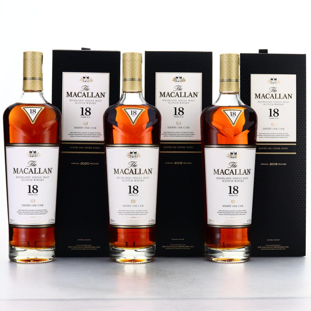 Macallan 18 Year Old Sherry Oak 2018, 2019 & 2020 Releases 3 x 70cl
