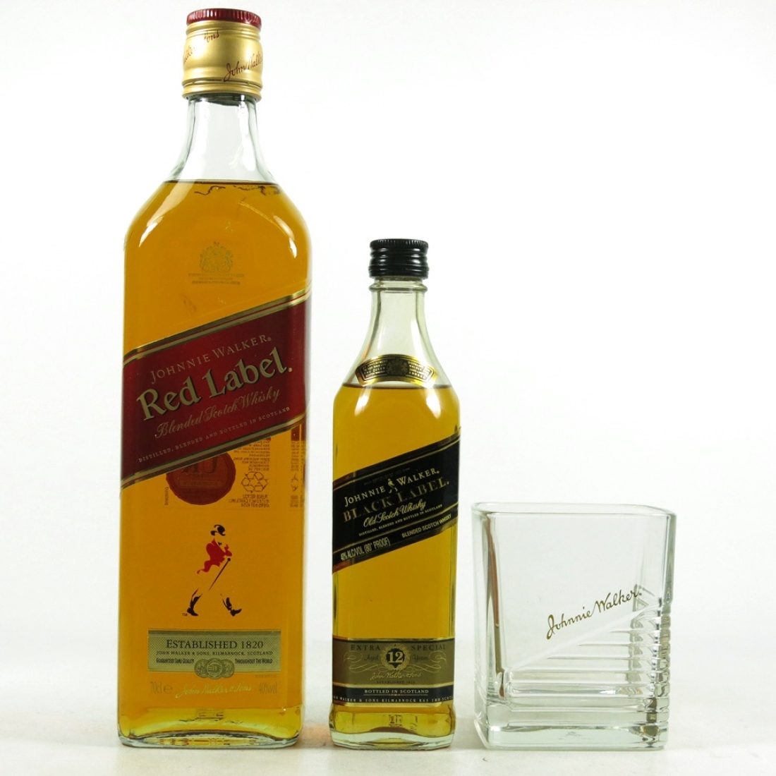 Johnnie Walker Red Label 70cl, Black Label 20cl and Branded Tumbler