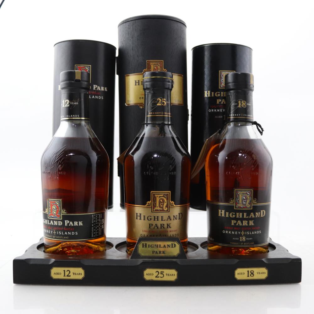 Highland Park 12, 18 & 25 Year Old 3 x 70cl 1990s / with Plinth