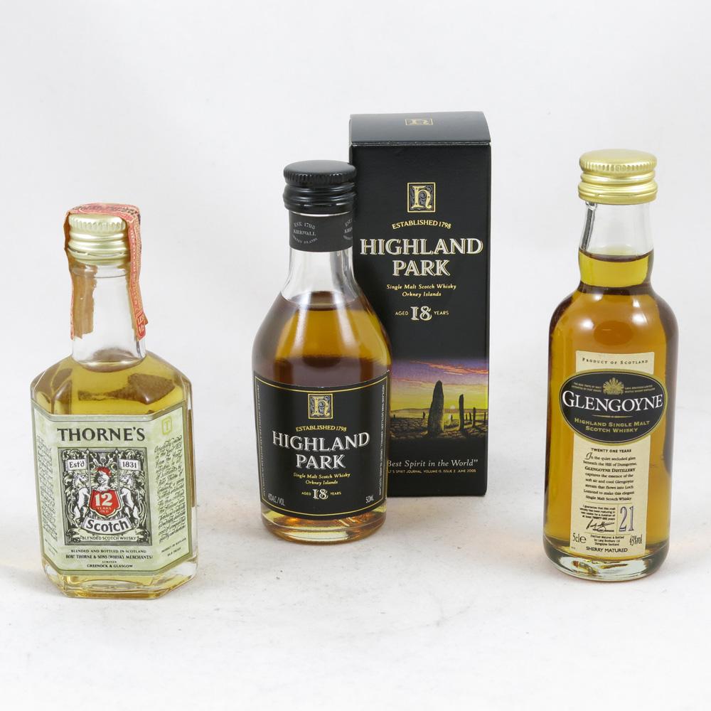 Highland Park 18 Year Old, Glengoyne 21 Year Old and Thornes 12 Year Old Miniatures 3 x 5cl
